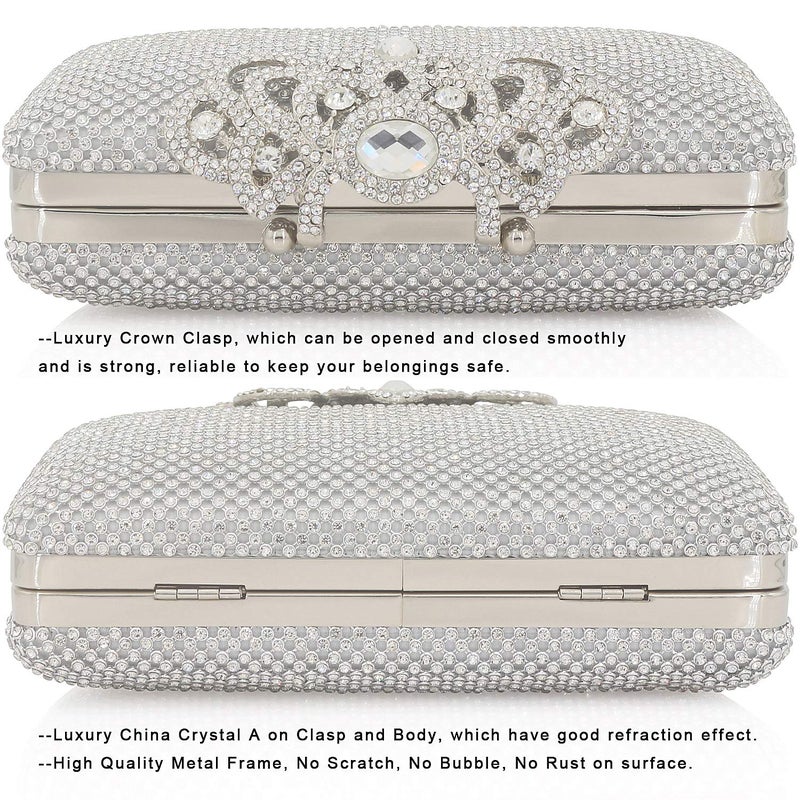DEXMAY DM Dexmay Crystal Rhinestone Clutch Bag Diamond Crown Clasp Evening Bag Bling Party Purse Silver Medium - Image 4